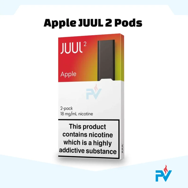 Apple JUUL 2 Pods 18mg nicotine salt for the Dubai market.DescriptiveJUUL 2 Apple pod pack with green orchard fruit graphics and 1.2ml capacity label.Feature-FocusedJUUL 2 Apple pod showing the smart-pod authentication chip for original devices.Action-OrientedAuthentic Apple JUUL 2 Pods available for 1-hour delivery in the UAE.ContextualJUUL 2 Apple pod being inserted into a slate grey JUUL 2 device.