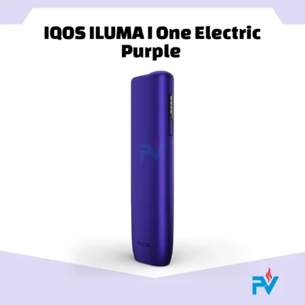 The Electric Purple ILUMA I One heated tobacco kit unboxed with the included UAE power adapter and USB-C cable.