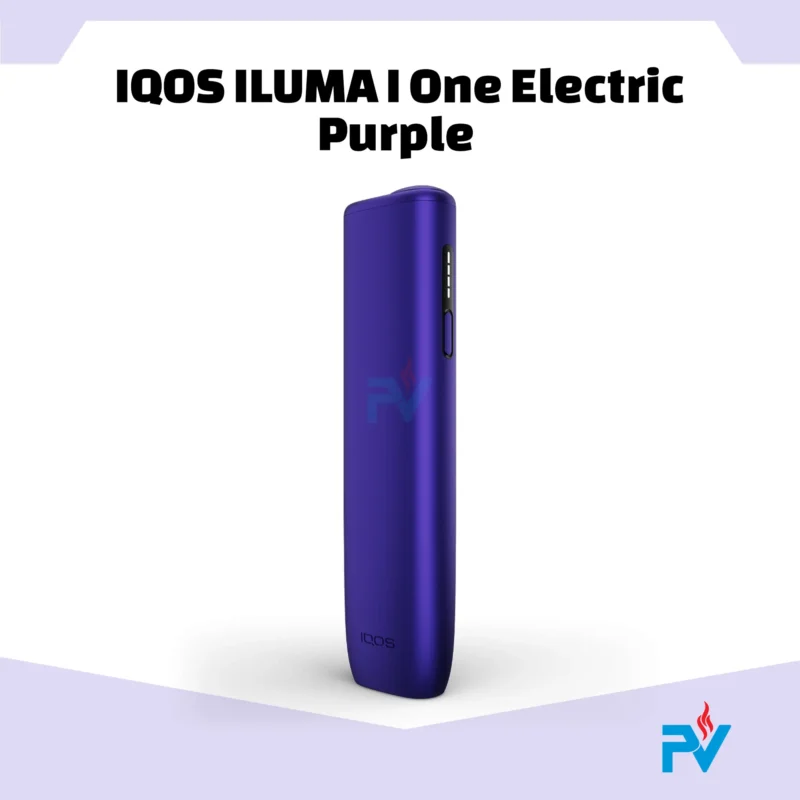 The Electric Purple ILUMA I One heated tobacco kit unboxed with the included UAE power adapter and USB-C cable.