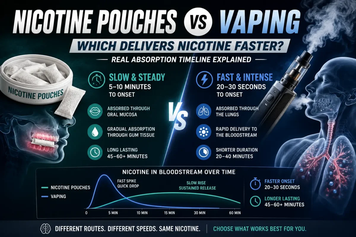Nicotine pouches vs vaping comparison showing nicotine delivery speed and absorption in body