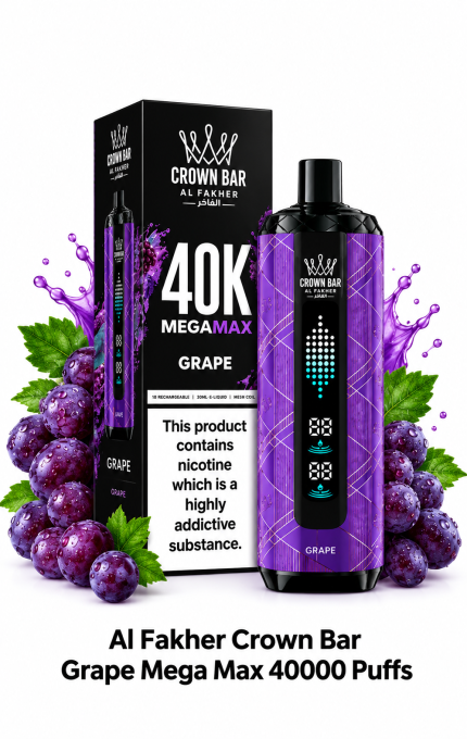 Al Fakher Crown Bar Mega Max Grape flavor vape with rechargeable battery and adjustable airflow in UAE
