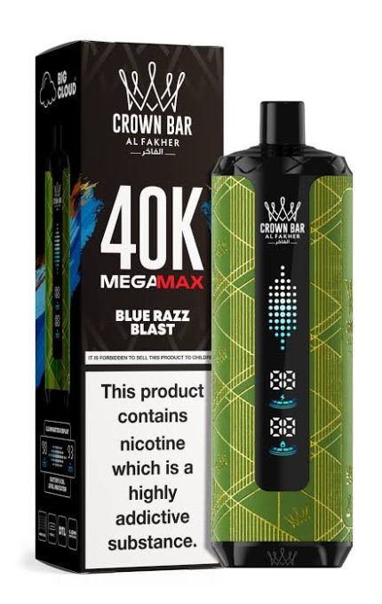 Al Fakher Crown Bar Blue Razz Blast 40000 Puffs disposable vape packaging displayed with the vape device in UAE