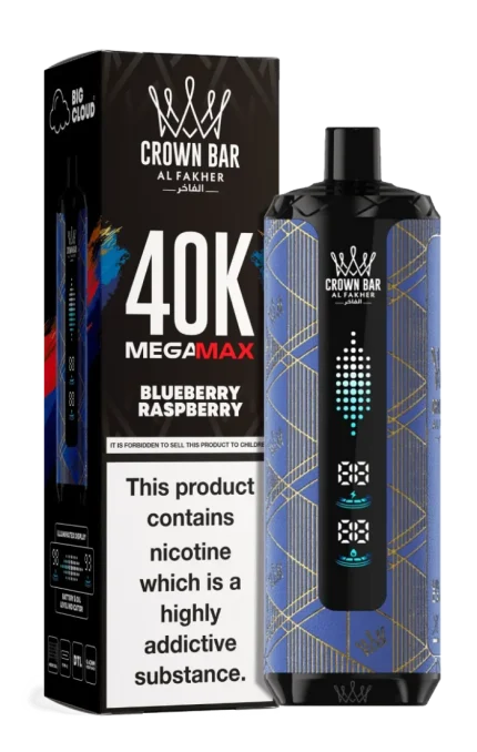 Al Fakher Crown Bar Blueberry Raspberry Mega Max 40000 Puffs disposable vape with blueberry and raspberry flavor design