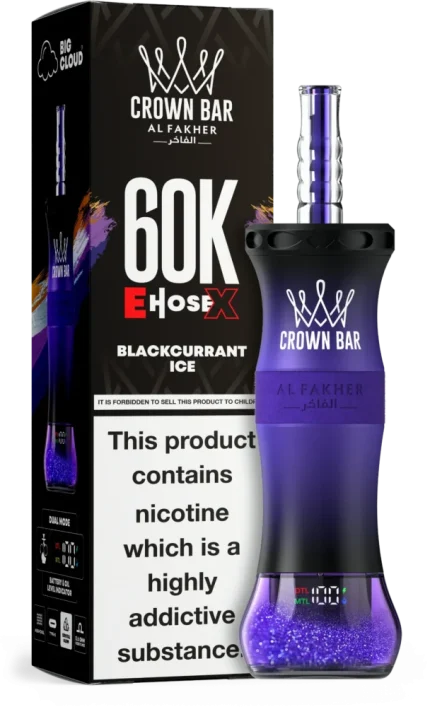 Al Fakher Crown Bar E-Hose 60000 Puffs Blackcurrant Ice vape featuring blackcurrant flavor and cooling notes