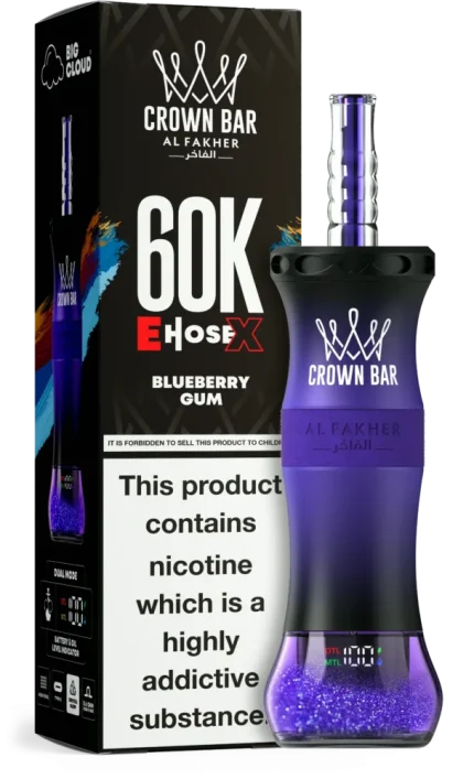 Al Fakher Crown Bar E-Hose 60000 Puffs Blueberry Gum vape with fruity blueberry and chewing gum flavor in Dubai