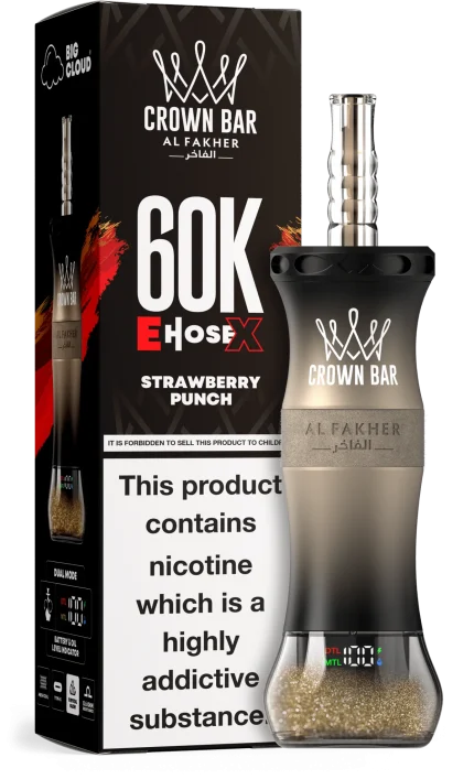 Al Fakher Crown Bar 60000 Puffs Strawberry Punch disposable vape featuring detailed flavor graphics, branded styling, and a modern compact body