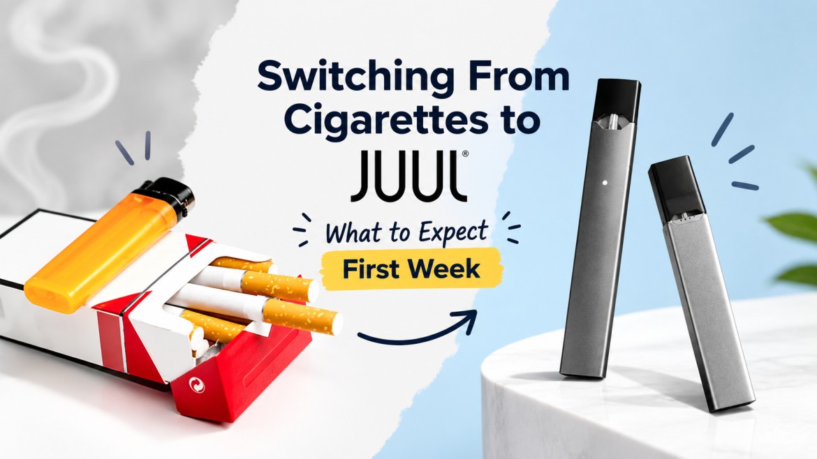A JUUL vape device and pod sitting next to a pack of cigarettes representing the switch from smoking