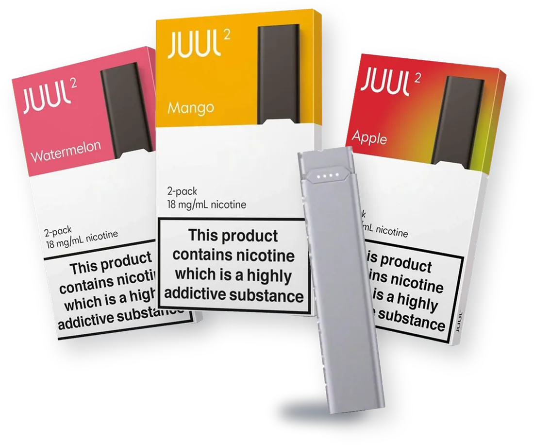 JUUL 2 Watermelon, Mango and Apple pods with a JUUL 2 device